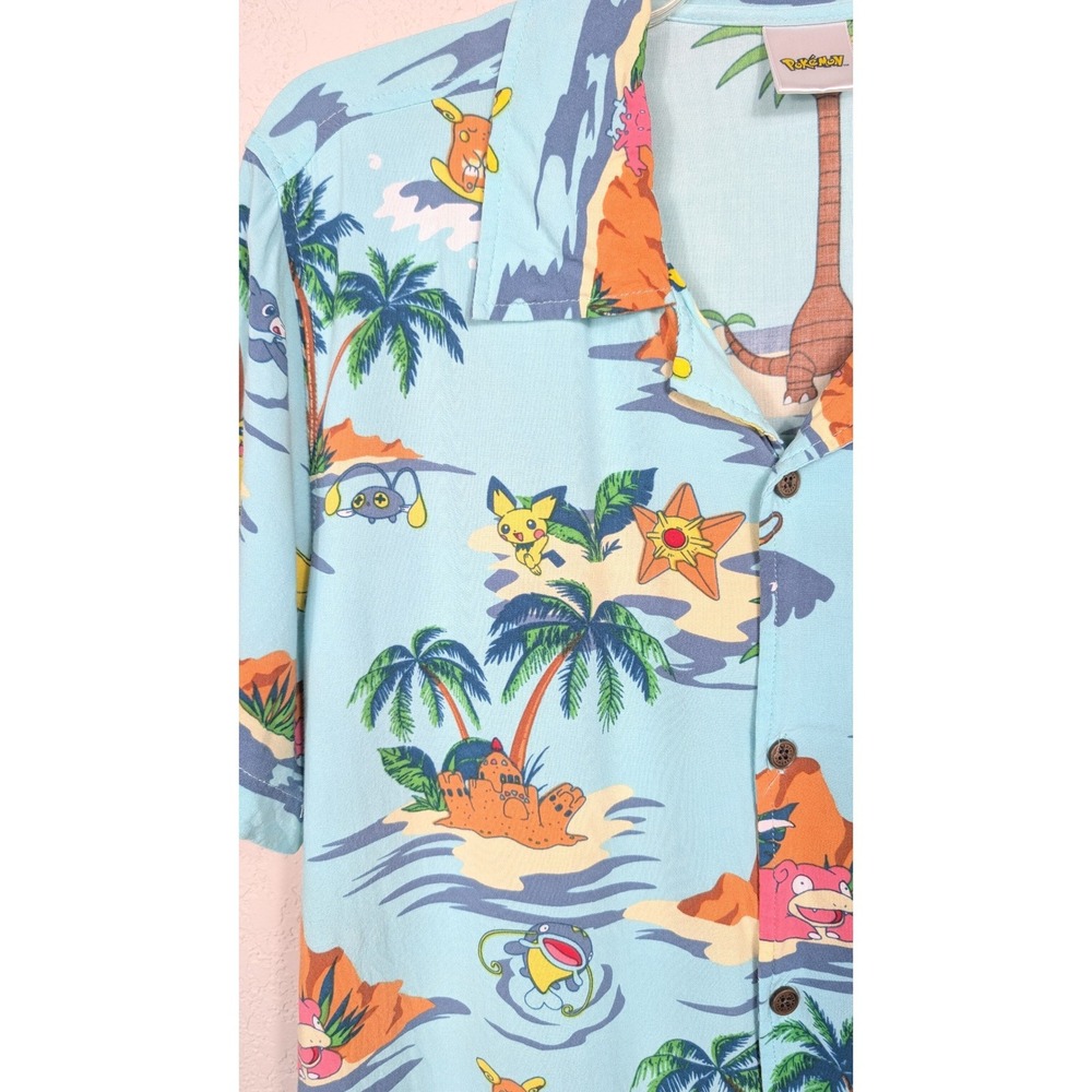 Pokemon Alolan Tropical Button Down Shirt Medium Blue Pikachu Slowpoke Rayon